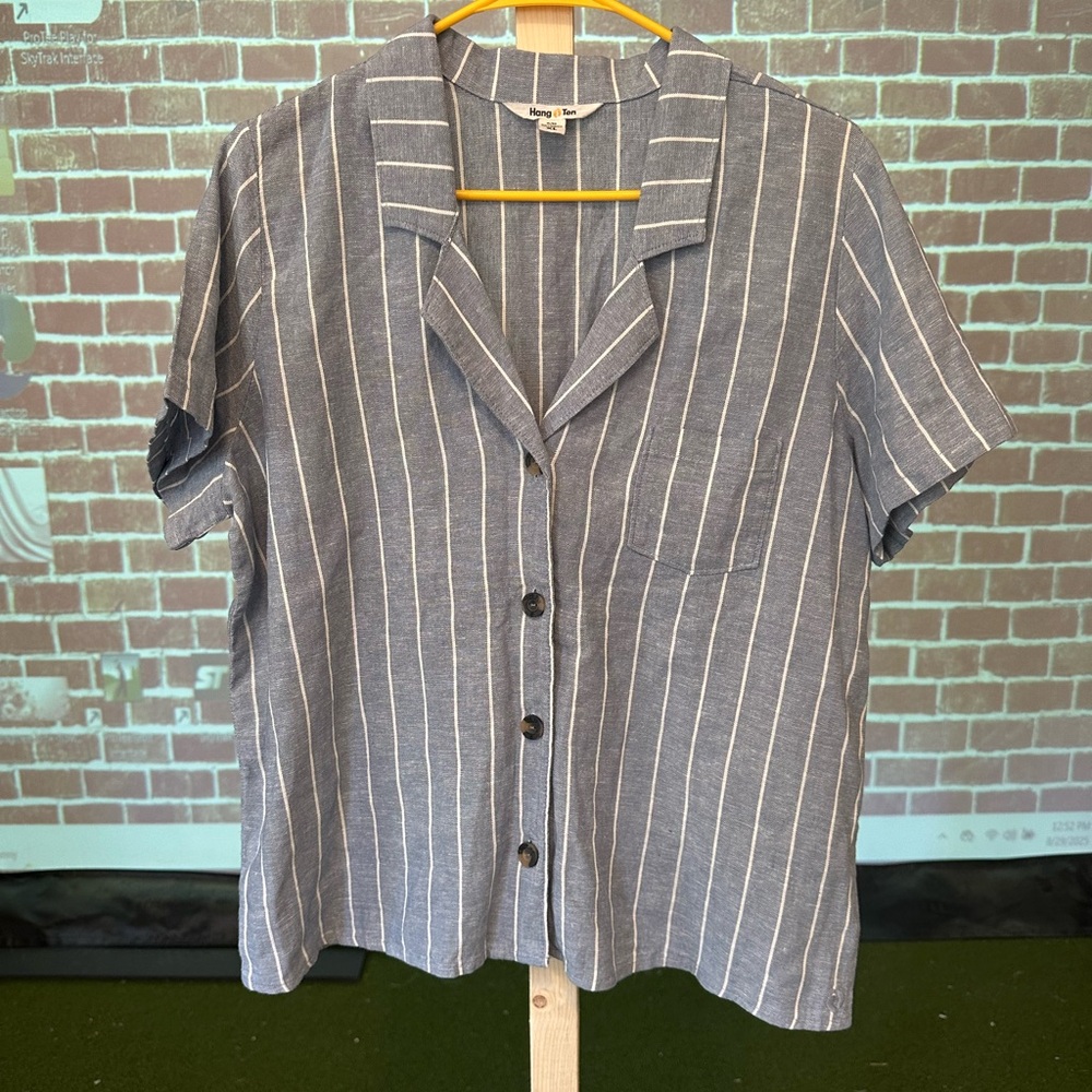 Casual Striped Blue Button-Up Blouse